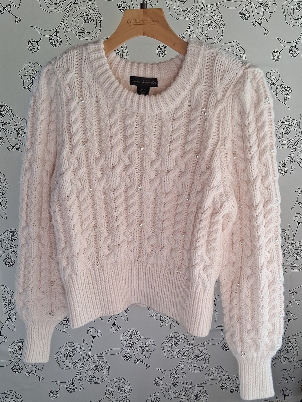 House of Harlow 1960 Pearl-Embellised Cable Knit Sweater M Cream